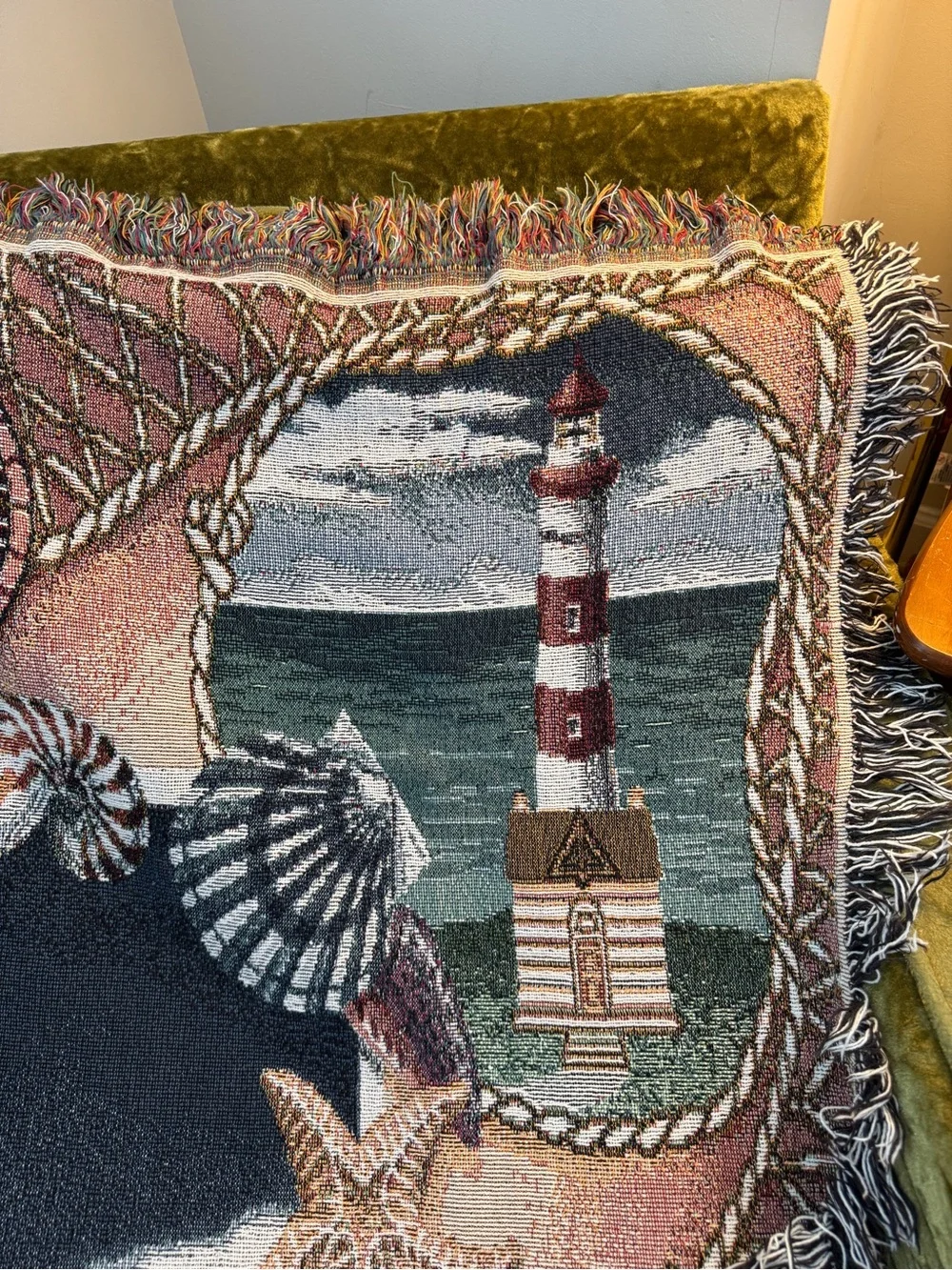 Vintage Lighthouse Tapestry Throw Blanket - Navy, Coral, Cream